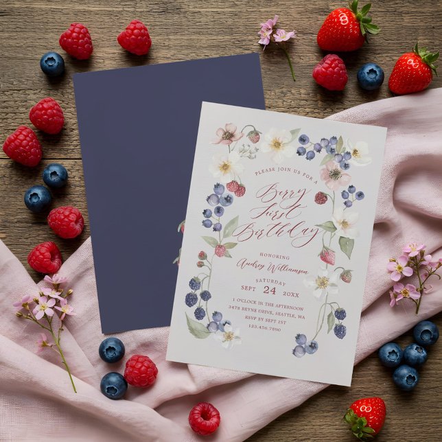 Invitación Berry Sweet First Birthday Wild Berries & Flores (Berry Sweet Fist Birthday Wild Berries & Flowers Invitation)