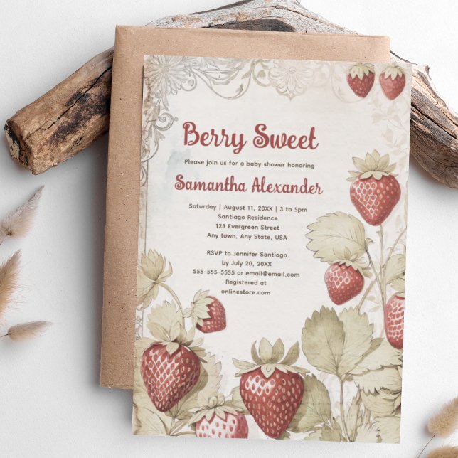 Invitación Berry Sweet fresberry baby ducha (Berry Sweet Strawberry baby shower invitation. Vintage antique strawberry design. Sweet strawberries)