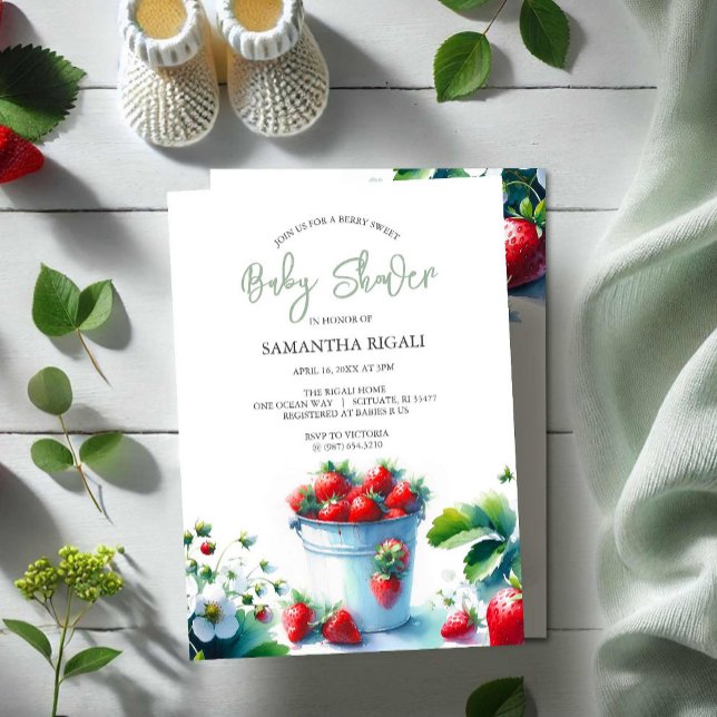 Invitación Berry Sweet Gender Neutral Baby Shower (Summer baby shower invitations front gender neutral watercolor strawberries Do Tell A Belle)