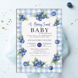 Invitación Berry Sweet Gingham Blue Cottage Style Baby Shower