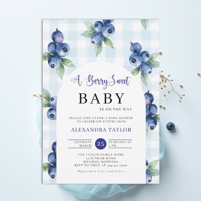 Invitación Berry Sweet Gingham Blue Farm Arch Boy Baby Shower (berry sweet baby shower invitation boy blue blueberries farmhouse cottage watercolor gingham arch)