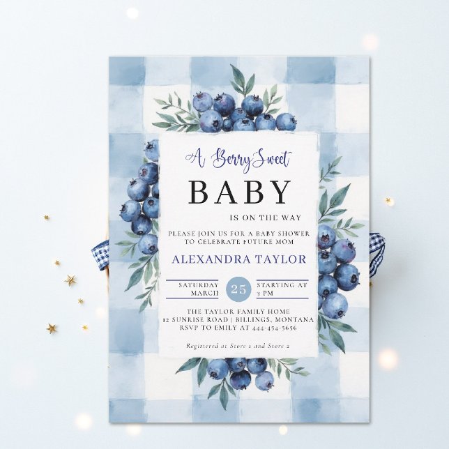 Invitación Berry Sweet Gingham Blueberries Baby Shower (berry sweet baby shower invitation boy blue blueberries rustic farmhouse chic watercolor gingham)