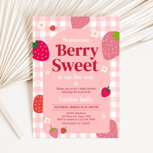 Invitación Berry Sweet Gingham Strawberry Baby Shower (Gingham Strawberry Berry Sweet Baby Shower Invitation
)