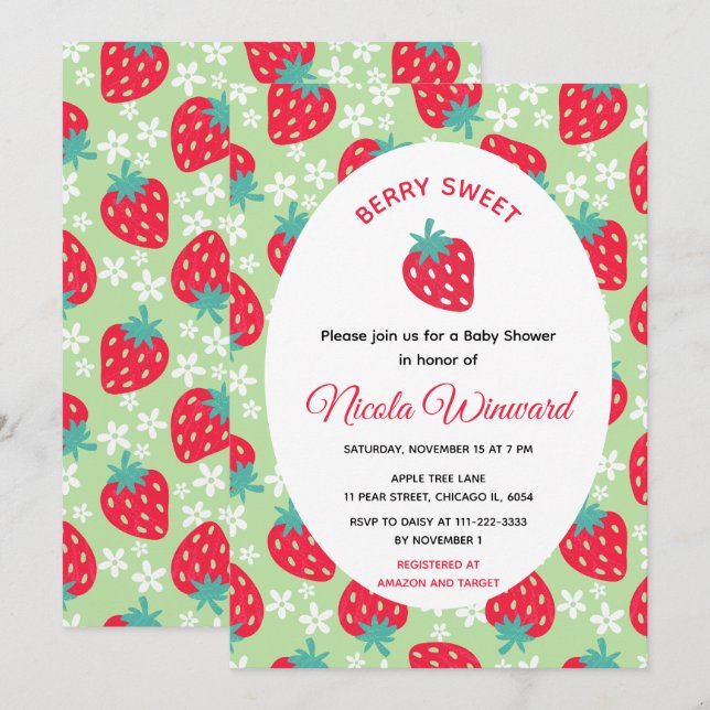 Invitación Berry Sweet Green Strawberry Baby Shower (Anverso / Reverso)