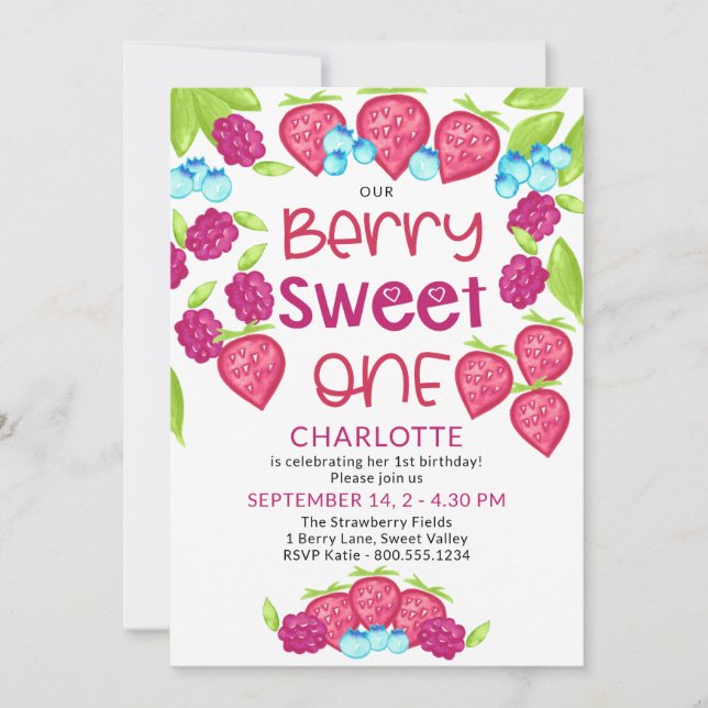 Invitación Berry Sweet One Mezxed Berries Chicas 1er cumpleañ (Anverso)