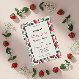 Invitación Berry Sweet Pastel Strawberry Green Frame Cumpleañ