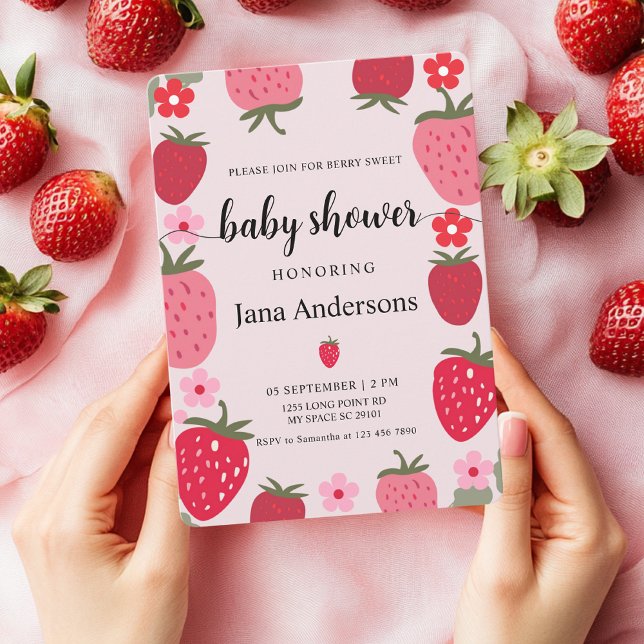 Invitación Berry Sweet Pink and Red Strawberry Baby Shower (Subido por el creador)
