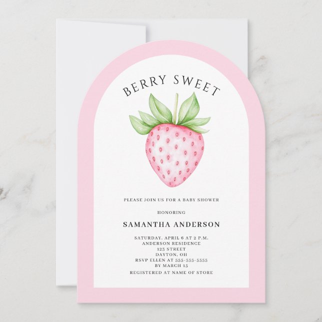 Invitación Berry Sweet Pink Strawberry Arch Chica Baby Shower (Anverso)