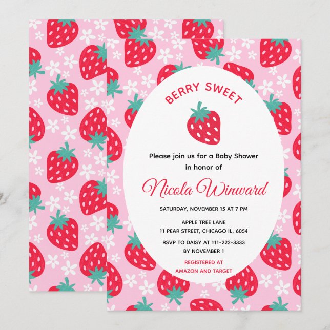 Invitación Berry Sweet Pink Strawberry Baby Shower (Anverso / Reverso)