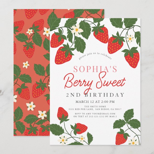 Invitación Berry Sweet Red Strawberry Floral 2º cumpleaños (Anverso / Reverso)