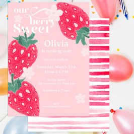 Invitación Berry Sweet Strawberry 1er cumpleaños Fiesta Pink