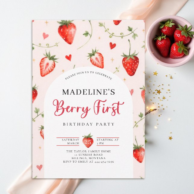 Invitación Berry Sweet Strawberry Arch Summer 1st Birthday (berry first birthday party invitation girls strawberry 1st watercolor summer farmhouse patch)