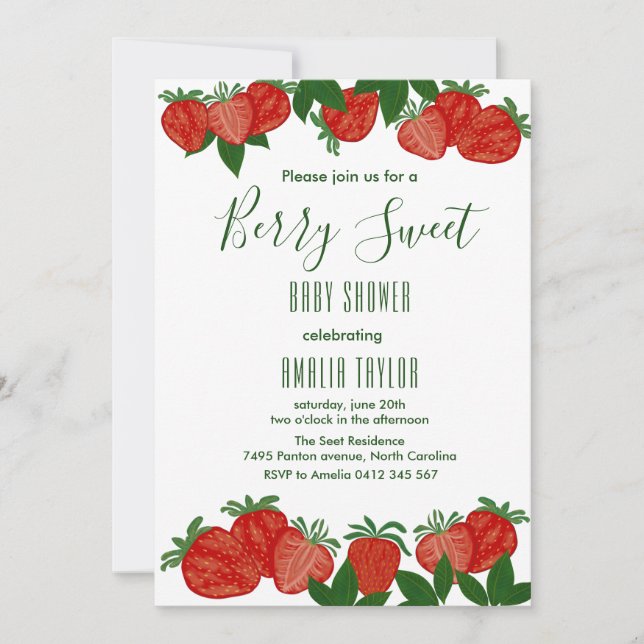 Invitación Berry Sweet Strawberry Baby Shower Chica (Anverso)