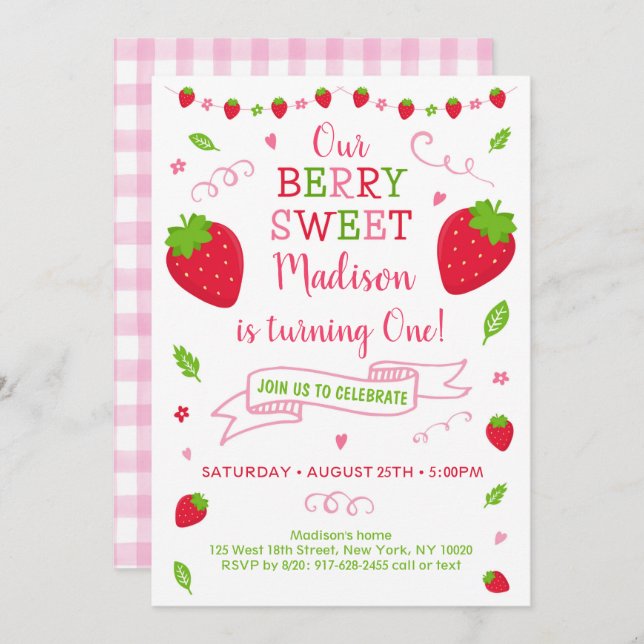 Invitación Berry Sweet Strawberry Birthday (Anverso / Reverso)