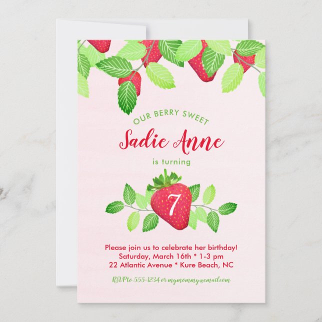 Invitación Berry Sweet Strawberry Birthday Chica Red & Pink (Anverso)
