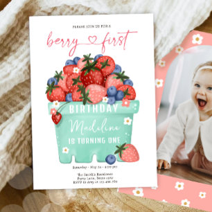 Invitación Berry Sweet Strawberry Blueberry Primer cumpleaños