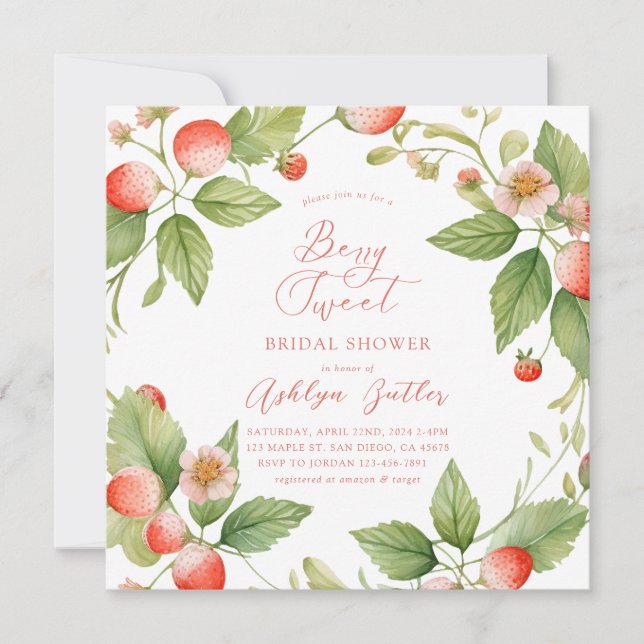Invitación Berry Sweet Strawberry Bridal Shower Invitation (Anverso)