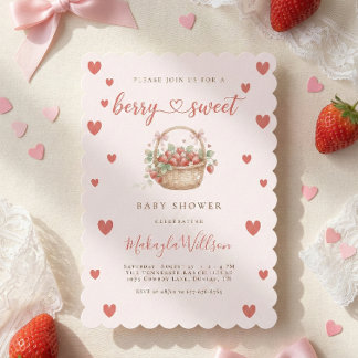 Invitación Berry Sweet Strawberry Coquette Hearts Baby shower