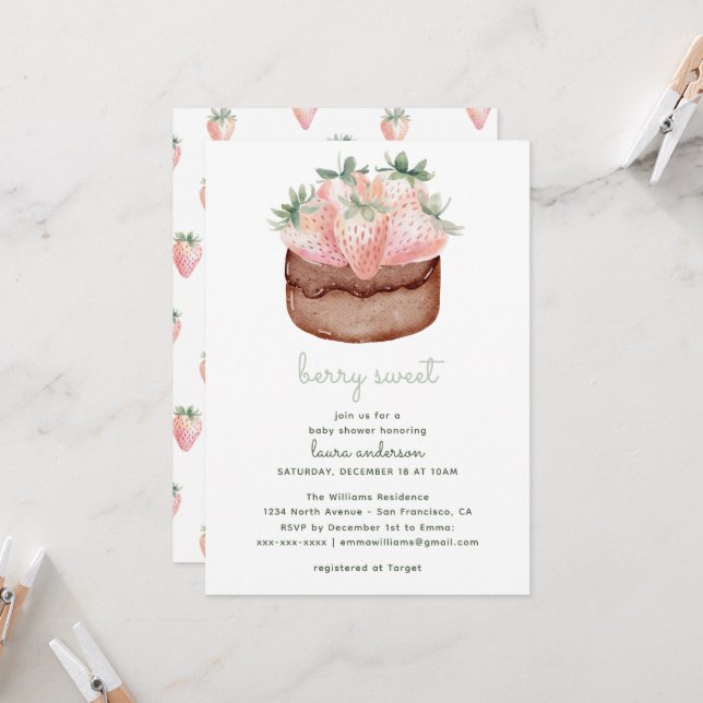 Invitación Berry Sweet Strawberry Cupcake Baby Shower (Anverso/Reverso In Situ)