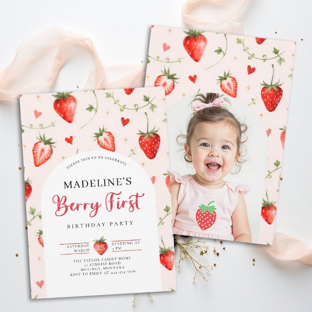 Invitación Berry Sweet Strawberry Cute Photo 1st Birthday (berry first birthday party photo invitation girls strawberry 1st watercolor summer farmhouse patch)