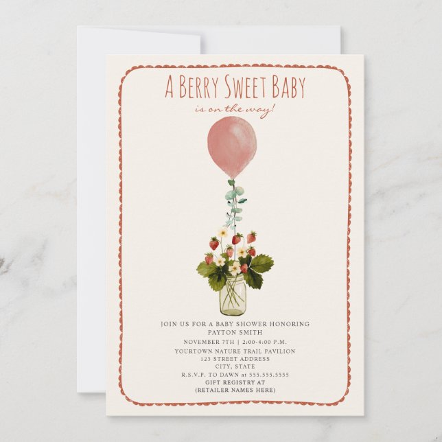 Invitación Berry Sweet Strawberry Doodle Chica Baby Shower (Anverso)