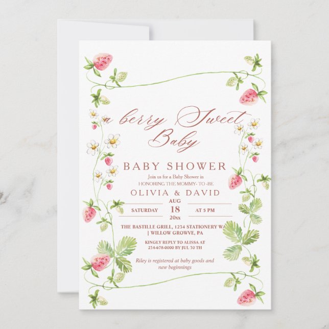 Invitación Berry Sweet Strawberry Elegant Baby Shower (Anverso)