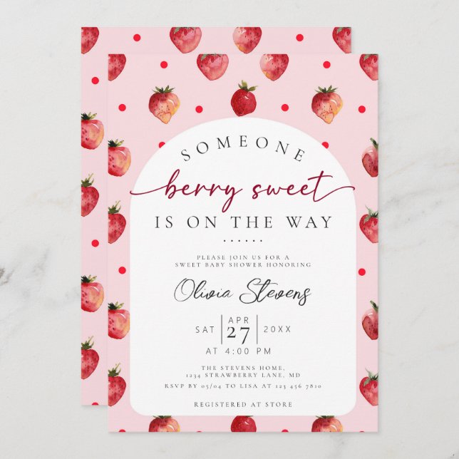 Invitación Berry Sweet Strawberry Fruit Baby Shower (Anverso / Reverso)
