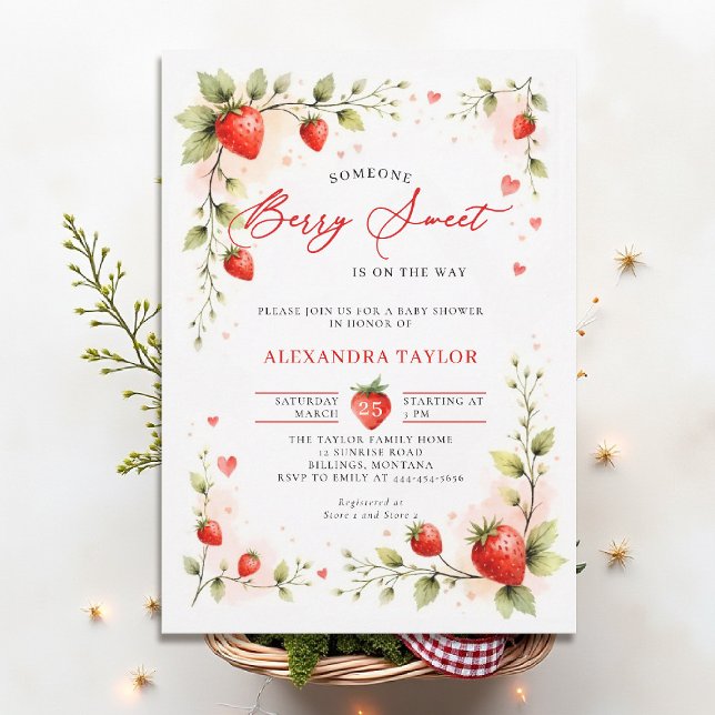 Invitación Berry Sweet Strawberry Garden Summer Baby Shower (berry sweet baby shower invitation fruit strawberry theme art watercolor garden farmhouse)