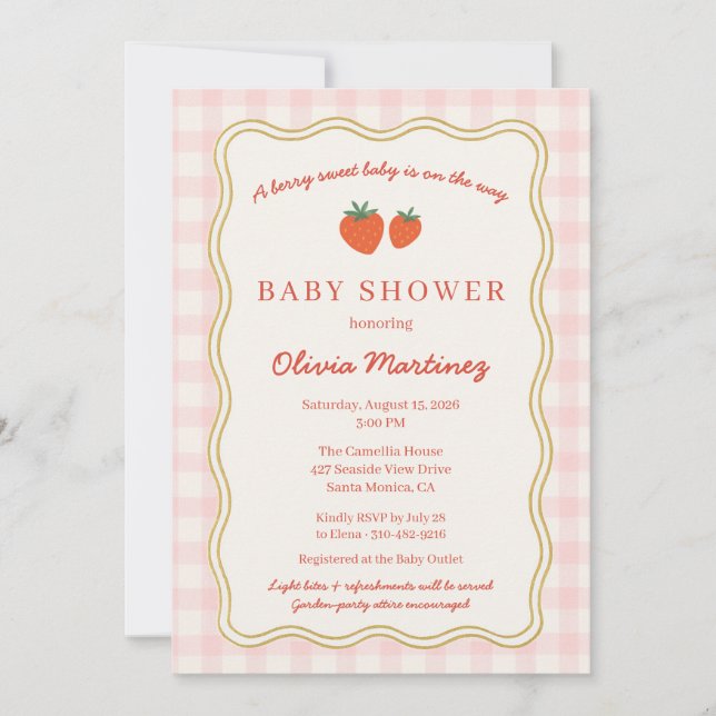 Invitación Berry Sweet Strawberry Gingham Baby Shower (Anverso)