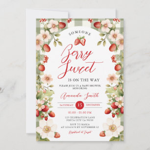 Invitación Berry Sweet Strawberry Gingham Floral Baby Shower