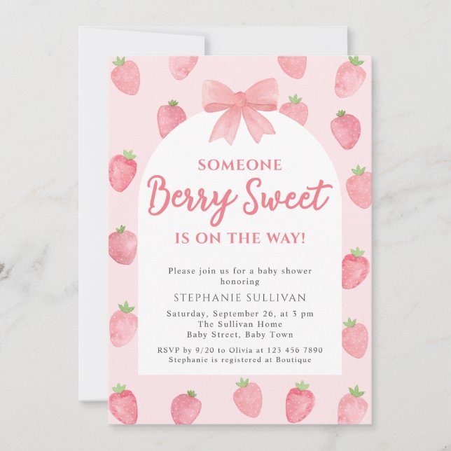 Invitación Berry Sweet Strawberry Girl Baby Shower  (Anverso)