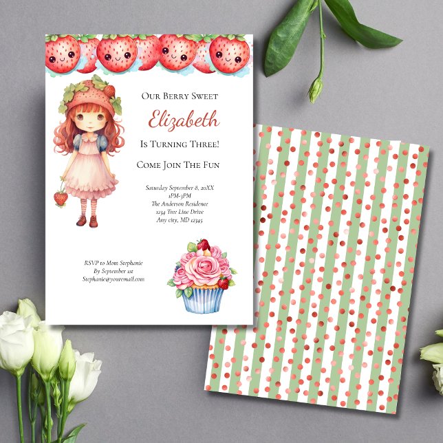 Invitación Berry Sweet Strawberry Girls Birday Party (Berry Sweet Strawberry Girls Birthday Party Invitation)