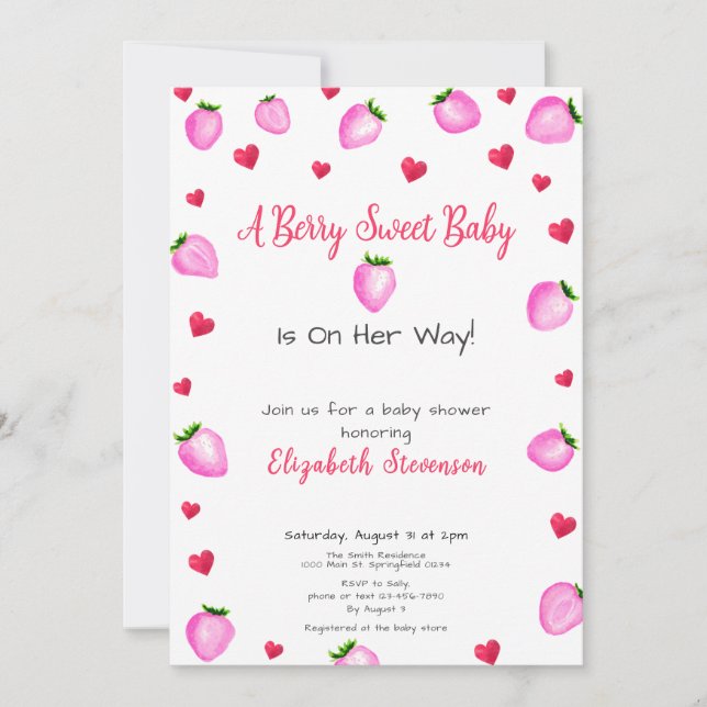 Invitación Berry Sweet Strawberry Hearts Chica Baby Shower (Anverso)