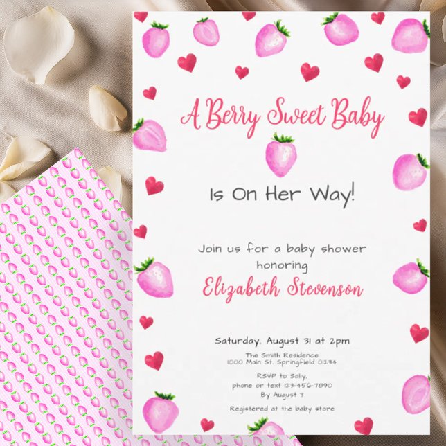 Invitación Berry Sweet Strawberry Hearts Chica Baby Shower (Subido por el creador)