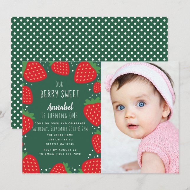 Invitación Berry Sweet Strawberry Kids 1er cumpleaños Foto (Anverso / Reverso)