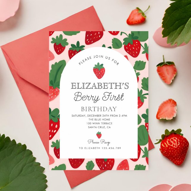 Invitación Berry Sweet Strawberry Pink Berry Primer cumpleaño (Subido por el creador)