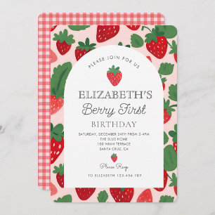 Invitación Berry Sweet Strawberry Pink Berry Primer cumpleaño