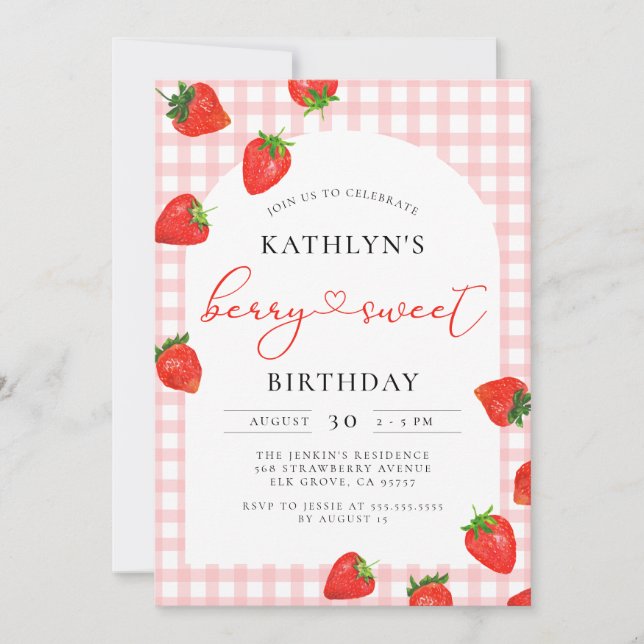 Invitación Berry Sweet Strawberry Pink Chica Cumpleaños (Anverso)