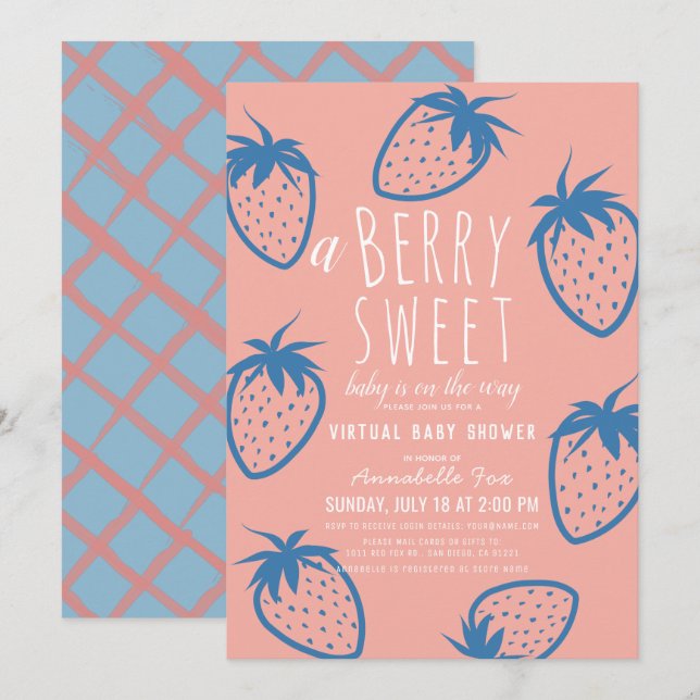 Invitación Berry Sweet Strawberry Pink Virtual Baby Shower (Anverso / Reverso)