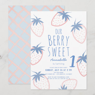 Invitación Berry Sweet Strawberry Pink White 1er cumpleaños