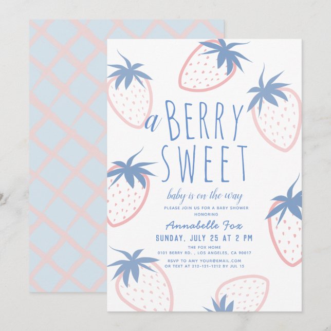Invitación Berry Sweet Strawberry Pink White Baby Shower (Anverso / Reverso)