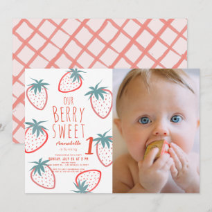 Invitación Berry Sweet Strawberry Red 1er cumpleaños Foto