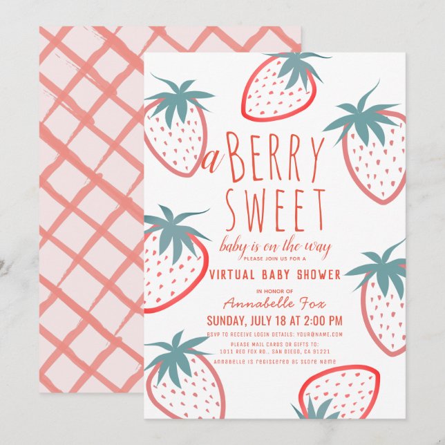 Invitación Berry Sweet Strawberry Red Baby Shower virtual (Anverso / Reverso)