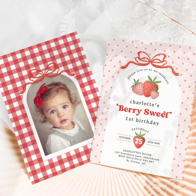 Invitación Berry Sweet Strawberry Red Bow Birthday Photo (Subido por el creador)