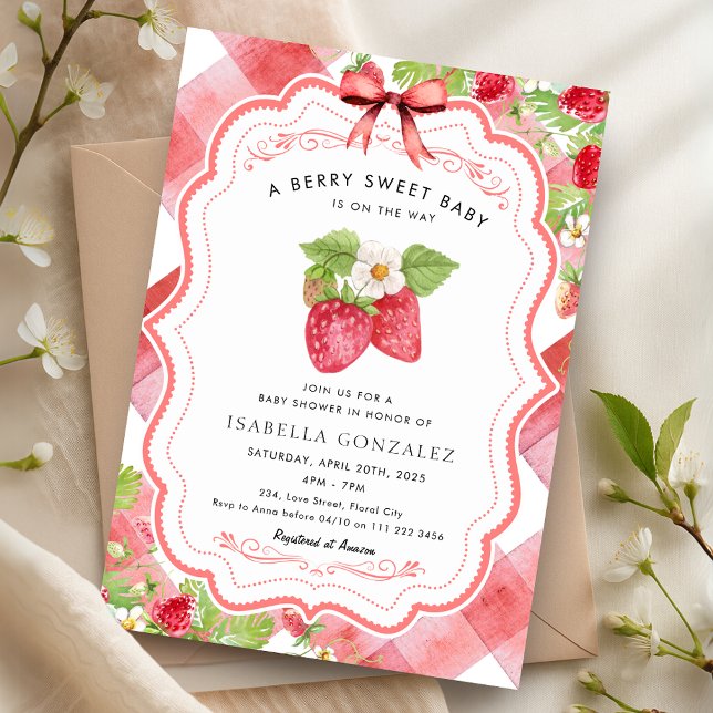 Invitación Berry Sweet Strawberry Red Gingham Baby Shower (Berry Sweet Strawberry Red Gingham Baby Shower Invitation)