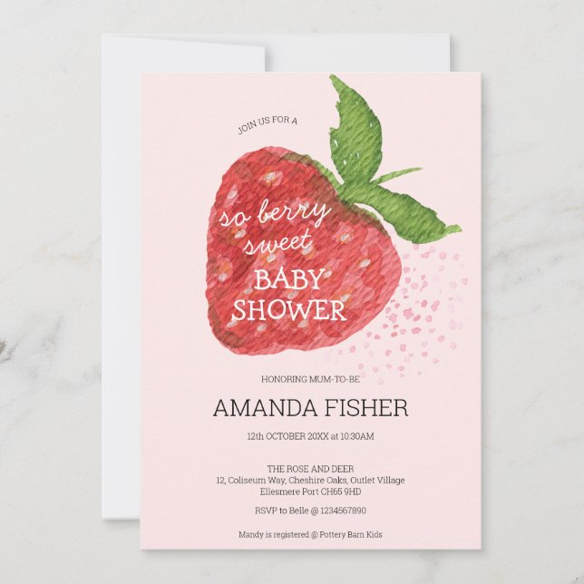 Invitación Berry Sweet Strawberry Red Pink Baby Shower (Anverso)