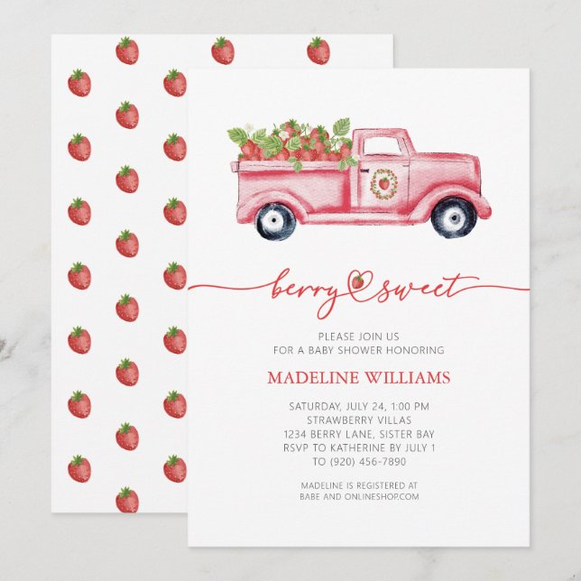 Invitación Berry Sweet Strawberry Red Truck Baby Shower (Anverso / Reverso)