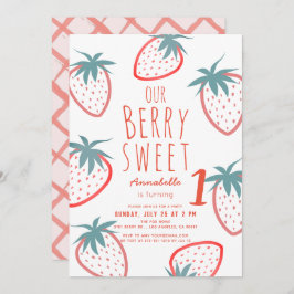 Invitación Berry Sweet Strawberry Red White 1er cumpleaños