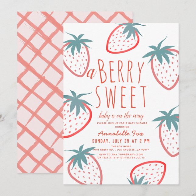 Invitación Berry Sweet Strawberry Red White Baby Shower (Anverso / Reverso)