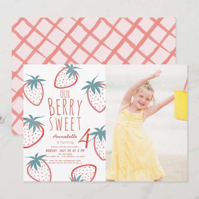 Invitación Berry Sweet Strawberry Red White Photo Birday (Anverso / Reverso)